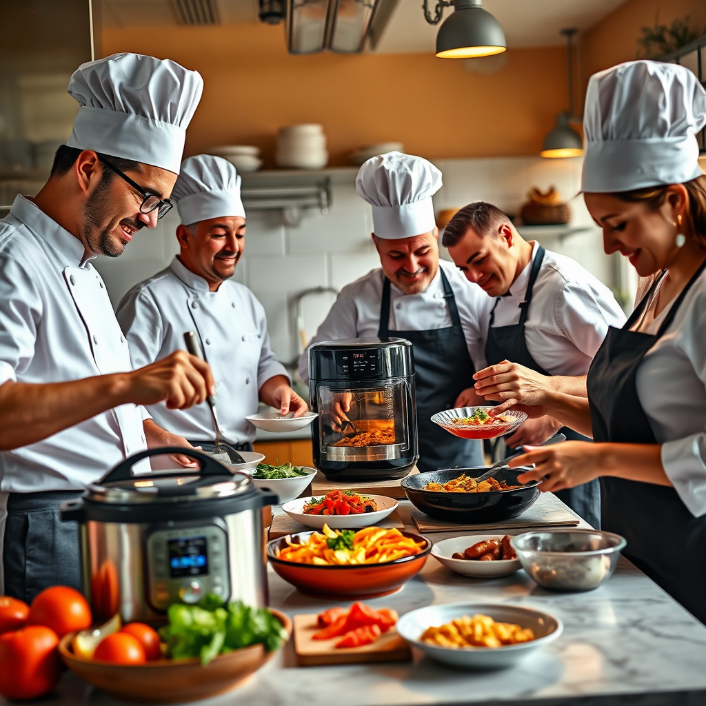 An engaging layout showing a busy kitchen scene where multitasking chefs use trendy gadgets like instant pots and air fryers with ease. The environment feels energetic and vibrant, with splashes of color from ingredients. Bright, high-key lighting adds a sense of urgency and efficiency to the image. The angle captures the action, focusing on quick preparation steps and the joy of cooking. Textures of the gadgets and food interplay vividly to enhance the theme of smart solutions.