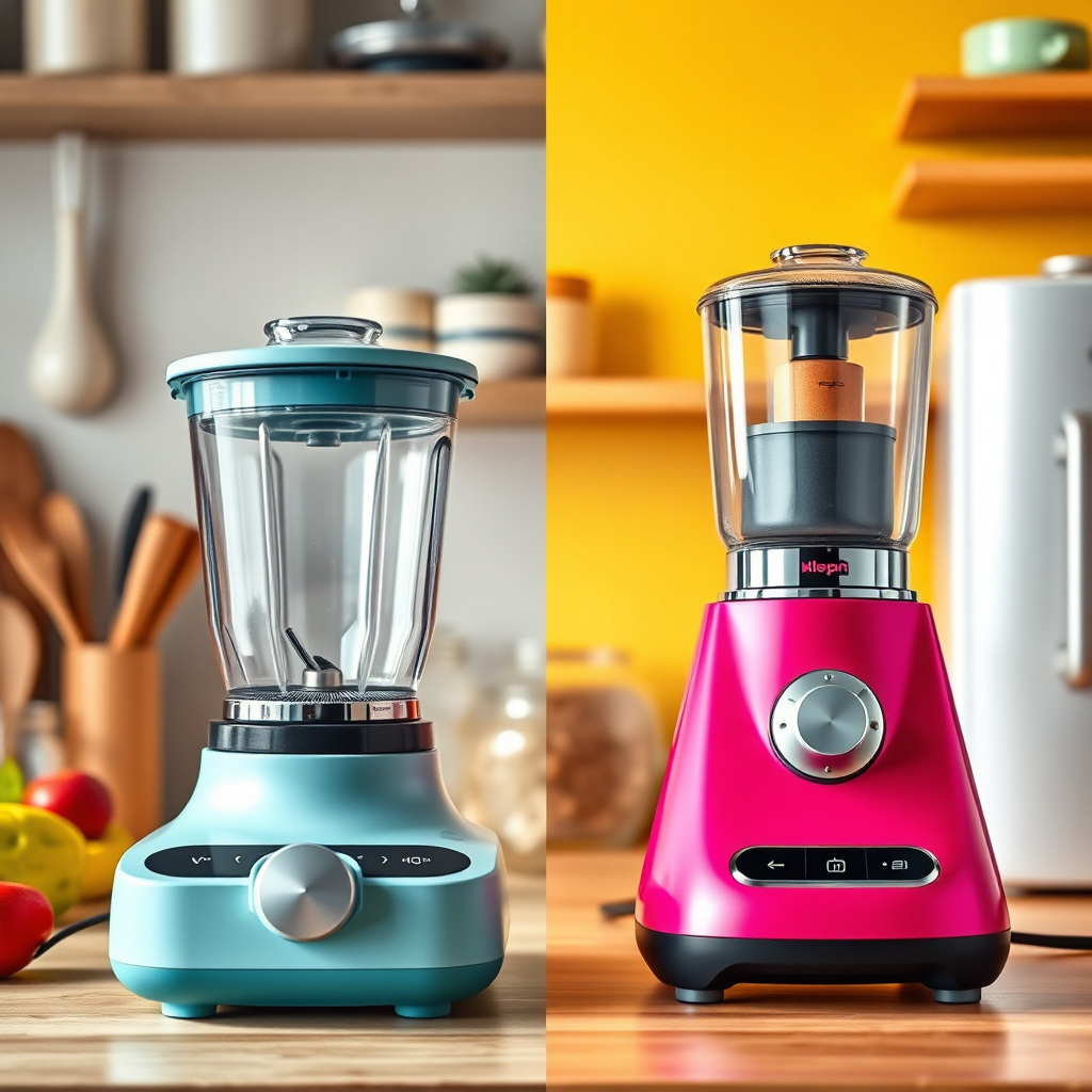 An inspiring image illustrating the concept of product evolution in kitchen appliances. A dynamic layout presents old and new versions of the same gadget side by side, such as a classic blender next to a state-of-the-art model. Lighting emphasizes the updates in materials and design. The color palette varies across the elements, with brighter shades on modern devices. The camera angle showcases a transition from past to present, symbolizing innovation. Textures highlight the advancements in the tools' usability.