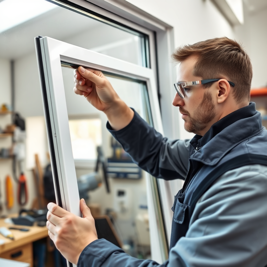 Technician repairing double glazing