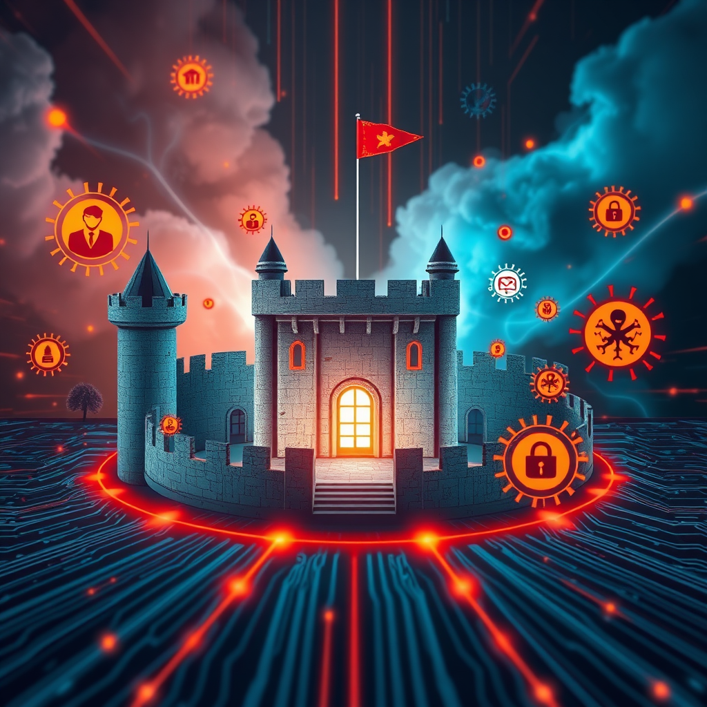 A dynamic, photorealistic image of a digital fortress repelling cyberattacks. The fortress is surrounded by a force field and is being attacked by various types of malware and viruses, represented as abstract shapes and symbols. The color scheme is a contrast between the warm colors of the attacks and the cool colors of the defense. Resolution: 4K.