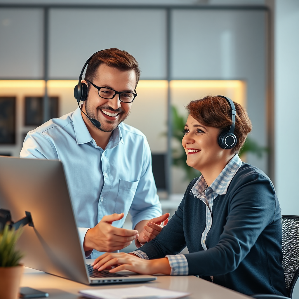A photorealistic image featuring a friendly tech support specialist assisting a business owner remotely. The specialist is wearing a headset and smiling, while the business owner is looking relieved at their computer screen. The background is a clean, modern office environment. Lighting: Warm and inviting. Resolution: 4K.