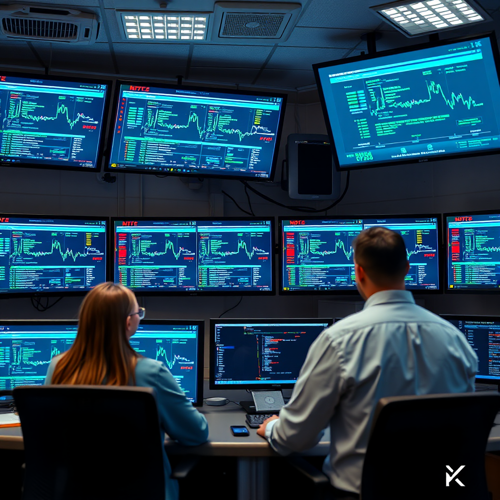 A photorealistic image of a 24/7 network operations center (NOC) with multiple screens displaying network activity and security alerts. The scene is well-lit and features attentive IT professionals monitoring the systems. The atmosphere is calm and professional. Resolution: 4K.