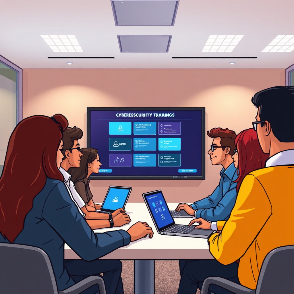 A stylized image of a diverse group of employees participating in a cybersecurity training session. The scene is brightly lit and features interactive elements, such as simulations and quizzes on a large screen. The atmosphere is engaging and positive. Style: Modern, professional, slightly cartoonish. Resolution: 4K.