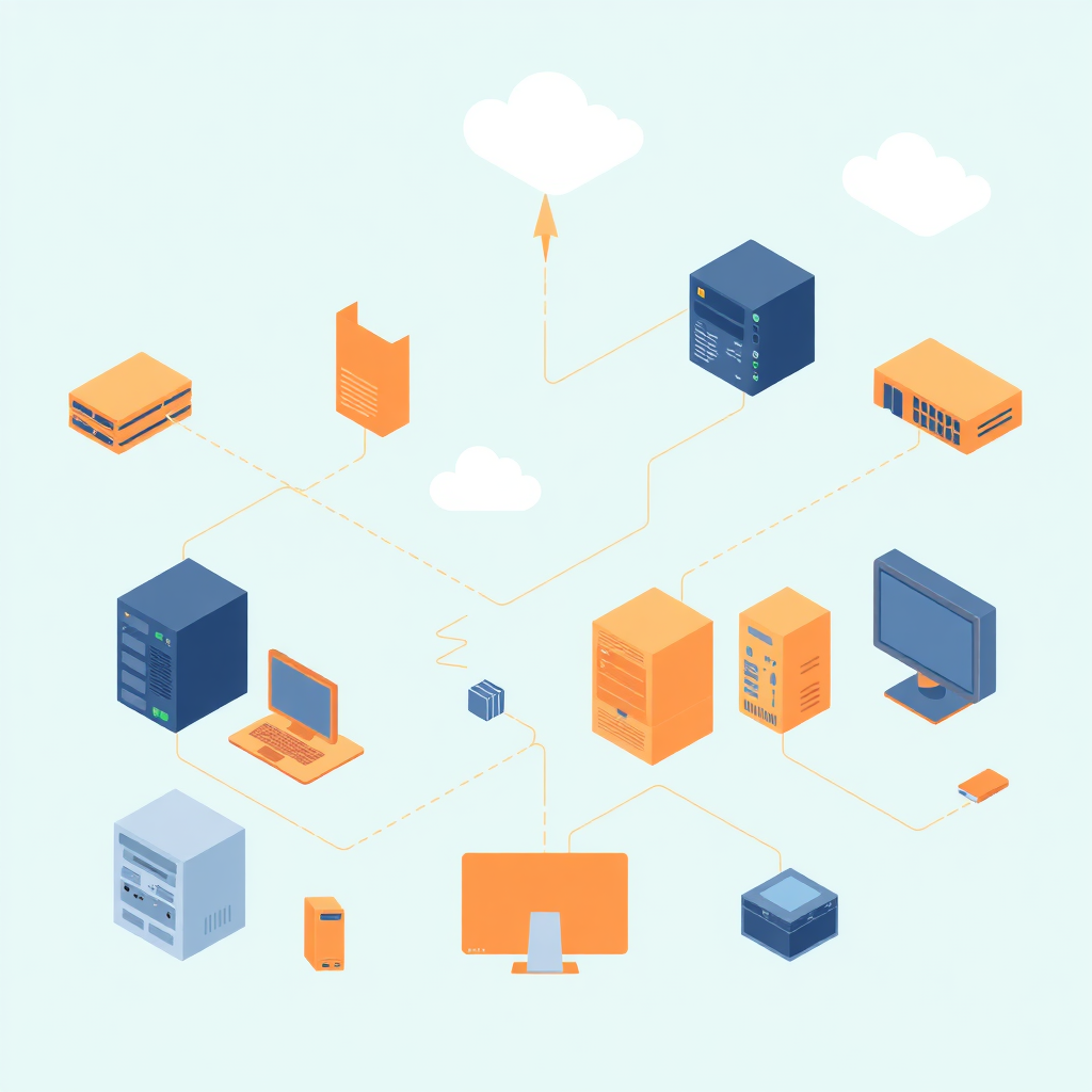 A stylized image of a well-organized IT infrastructure, with servers, computers, and network devices seamlessly interconnected. The image conveys a sense of order and efficiency. The color palette is clean and modern, with a focus on functionality. Resolution: 4K.
