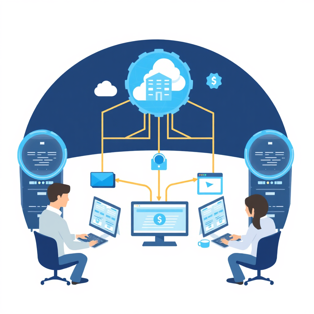 A stylized image representing the concept of managed services. The scene features a team of IT professionals remotely managing a company's IT infrastructure, symbolized by interconnected servers and devices. The color palette is clean and professional, with a focus on efficiency and reliability. Resolution: 4K.