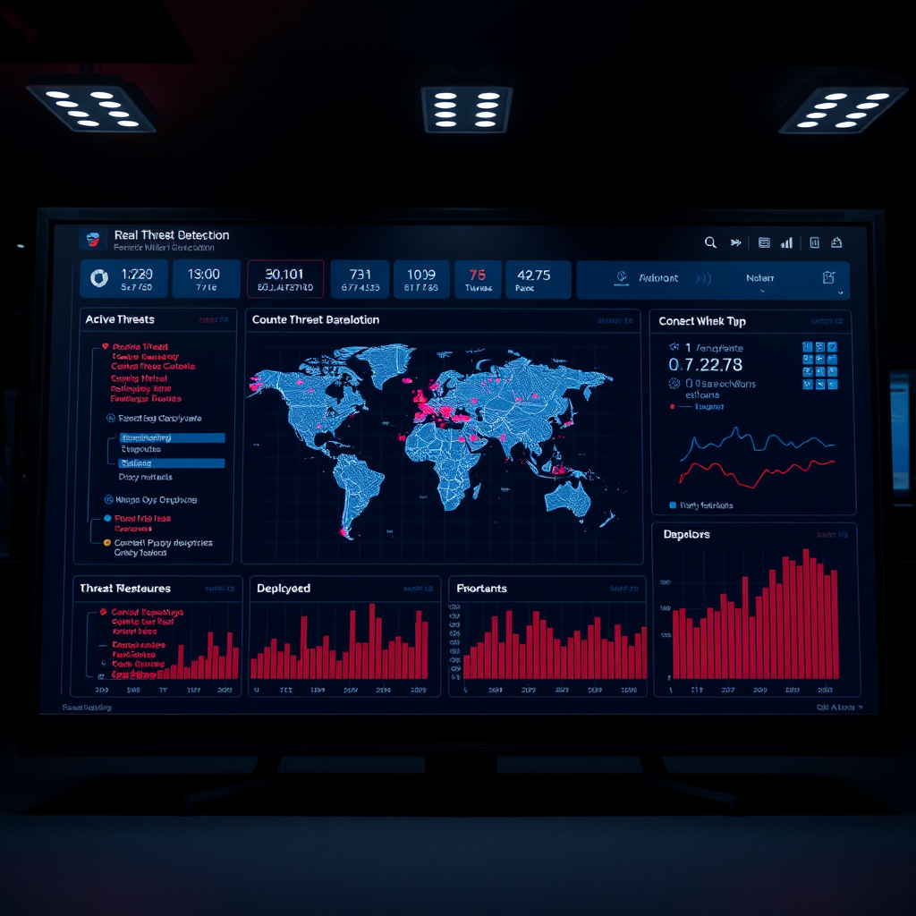 Create a photorealistic image of a digital dashboard displaying real-time threat detection. The dashboard should show a network map with active threats highlighted in red and countermeasures being deployed in blue. The lighting is dramatic, with a focus on the central dashboard display. Style: Modern, tech-focused, clean interface. Resolution: 4K.