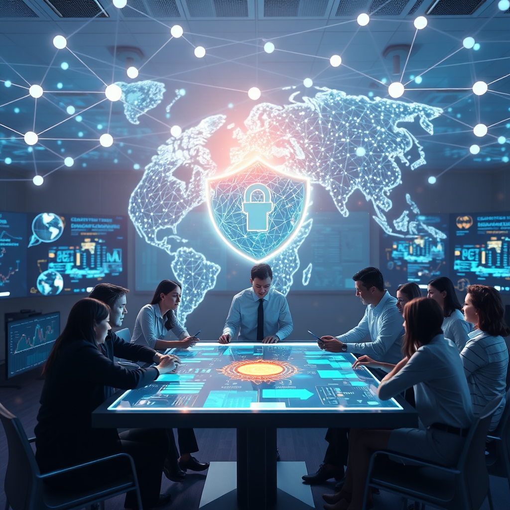 Create a photorealistic, ultra-high-resolution (8K) hero image. The scene features a network of interconnected nodes representing global digital infrastructure, overlaid with a shimmering, protective shield symbolizing cybersecurity. In the foreground, have diverse professionals collaborating around a holographic table displaying threat analysis data. Use cool blues, greens, and purples to evoke a sense of security and technology, with subtle orange and yellow highlights to represent energy and solutions. The lighting should be soft and diffused, creating a futuristic yet trustworthy atmosphere. The camera angle is a slightly low, wide shot to emphasize the scale and complexity of the digital landscape. Add subtle textures to the holographic elements and the protective shield, making them appear tangible. Include subtle, glowing particles floating around the network to indicate active data flow. Style reference: blend elements of 'Tron: Legacy' with modern corporate imagery. Relevant props include a modern office environment with multiple screens displaying complex data visualizations.