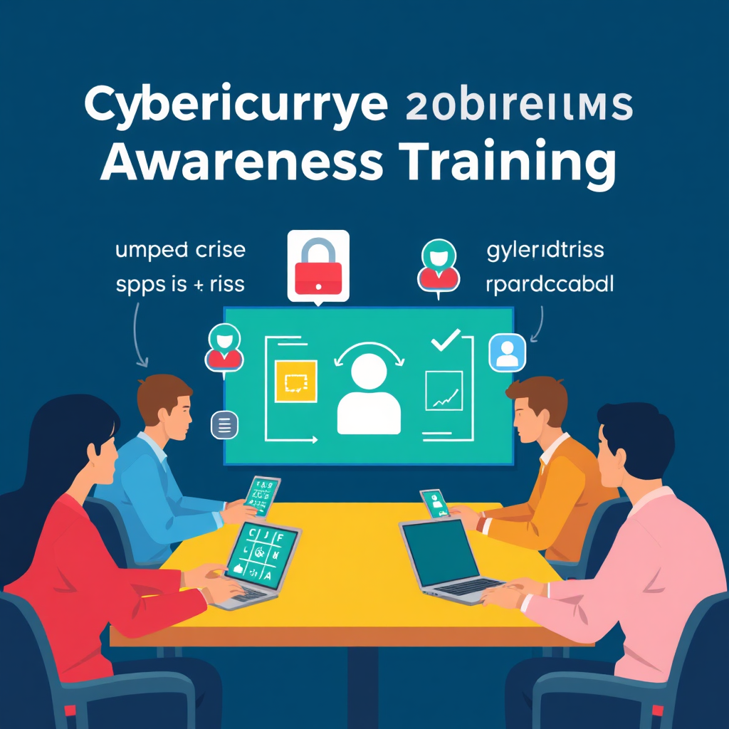Create a stylized image of employees participating in a cybersecurity awareness training session. Show interactive elements like quizzes and simulations, emphasizing the engaging and educational aspects of the training. Use a bright and positive color scheme. 4K resolution.