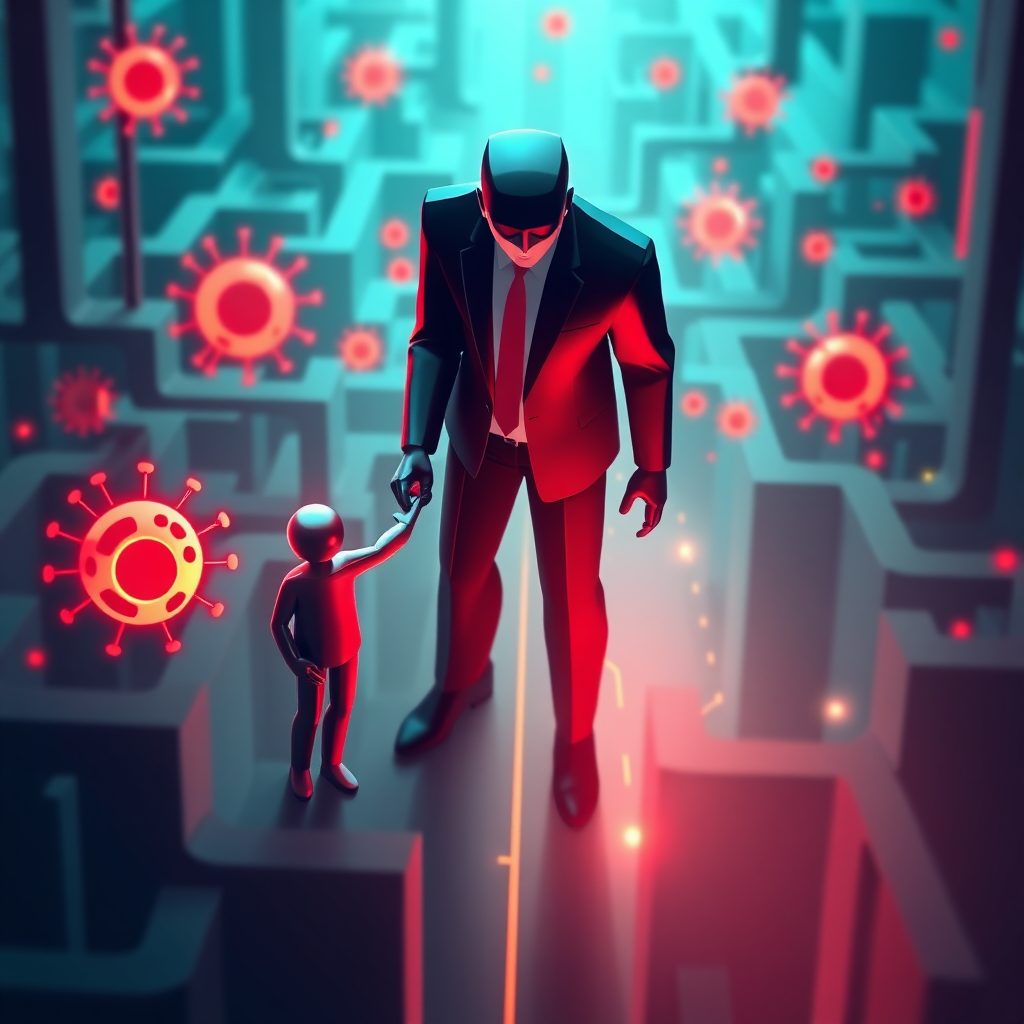 Create a stylized image representing Mc-Kez InfoTech Solutions' mission. The composition features a strong, central figure (stylized professional) extending a hand to help a smaller, more vulnerable figure (representing a business owner) navigate a complex digital maze. The maze is filled with abstract representations of cyber threats (viruses, malware, etc.). The color palette uses a combination of calming blues and greens for the safe zone, and vibrant reds and oranges for the threats. The lighting is soft and focused on the central figures, creating a sense of trust and support. The camera angle is a medium shot, emphasizing the connection between the two figures. The texture should be clean and modern, with subtle gradients and highlights. 4K resolution, high quality.