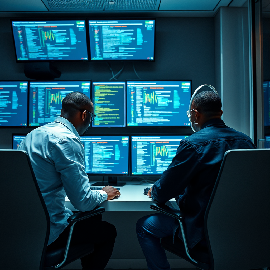 A photorealistic image of a 24/7 network operations center (NOC) with multiple screens displaying network activity and security alerts. The scene is well-lit and features attentive IT professionals monitoring the systems. The atmosphere is calm and professional. Resolution: 4K.
