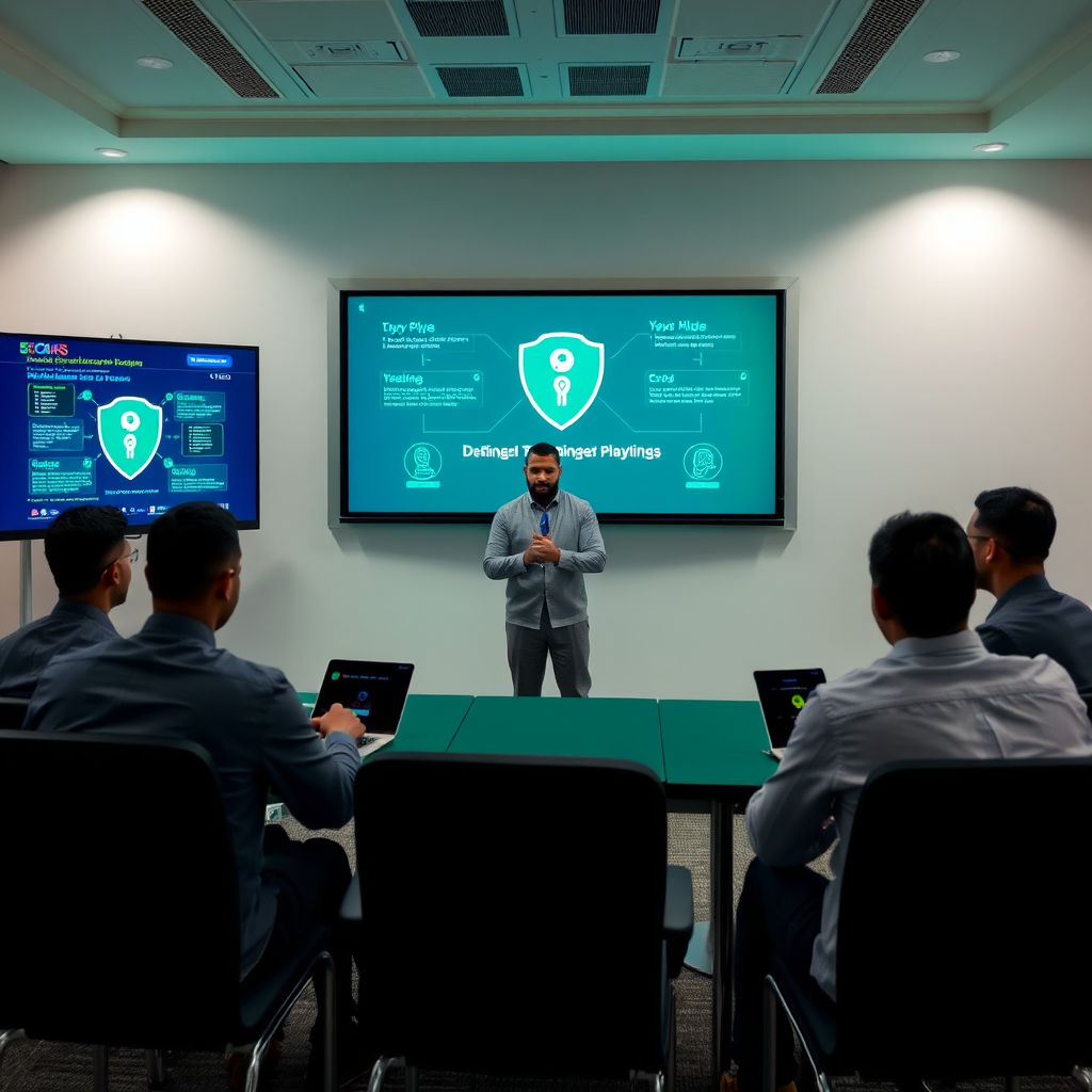 Create a stylized image of employees participating in a cybersecurity awareness training session. Show interactive elements like quizzes and simulations, emphasizing the engaging and educational aspects of the training. Use a bright and positive color scheme. 4K resolution.