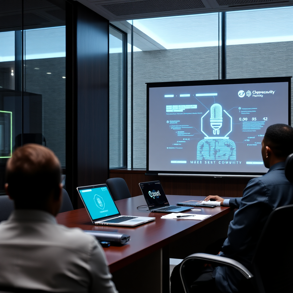 A photorealistic image of a cybersecurity training session, with employees actively participating in a simulated phishing attack. The scene is engaging and interactive, with employees learning how to identify and respond to cyber threats. The atmosphere is positive and collaborative. Resolution: 4K.