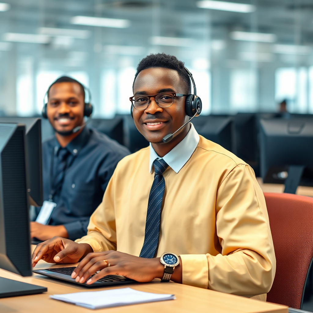  A photorealistic image featuring a friendly tech support specialist assisting a business owner remotely. The specialist is wearing a headset and smiling, while the business owner is looking relieved at their computer screen. The background is a clean, modern office environment. Lighting: Warm and inviting. Resolution: 4K.