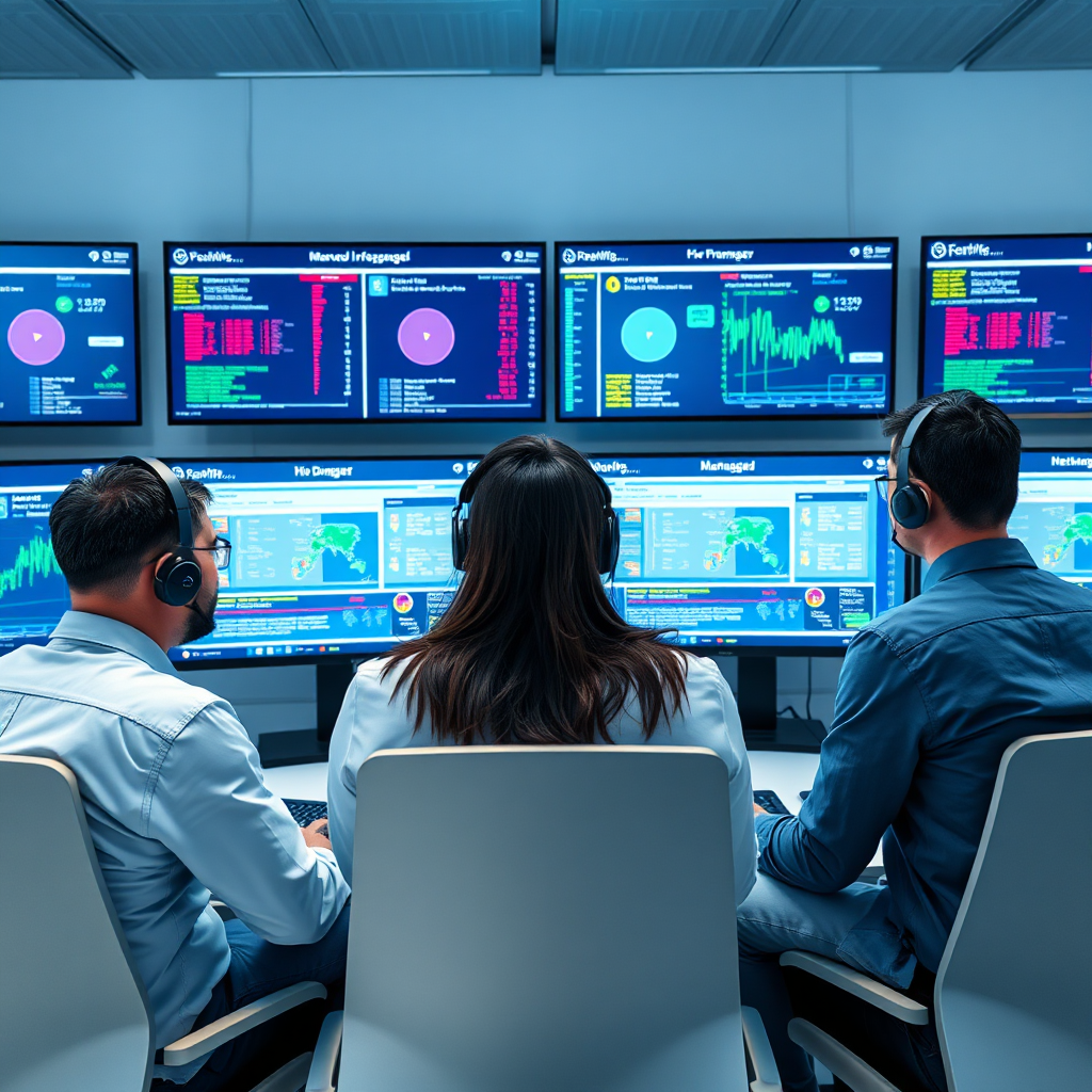 Depict a team of IT professionals remotely monitoring a client's network infrastructure. Show various screens displaying real-time data and security alerts, highlighting the proactive nature of managed IT support. Use a modern and professional color scheme. 4K resolution.
