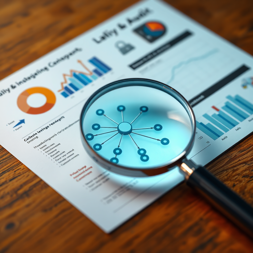 Visualize a detailed cybersecurity audit report with charts, graphs, and security scores. Include a magnifying glass hovering over a network diagram, symbolizing the thoroughness of the audit. The color scheme is professional and data-driven, with a focus on clarity and insights. 4K resolution.