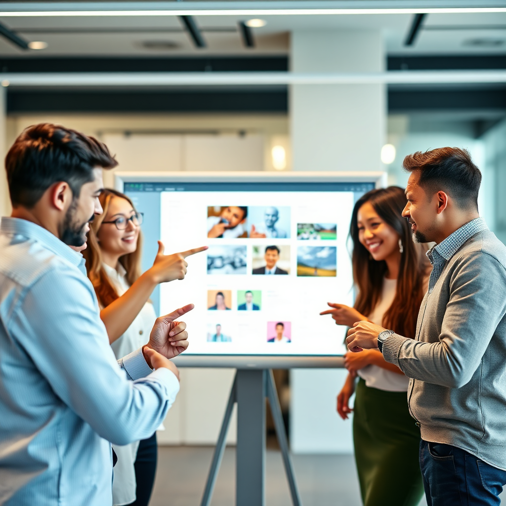 A 4K resolution, high-quality image depicting a diverse team of individuals collaborating around a large interactive screen displaying a website design interface. The atmosphere is collaborative and energetic, with team members pointing, gesturing, and smiling. The color palette is modern and inviting, featuring shades of white, gray, and green. The style is a blend of corporate professionalism and creative energy. The image should convey a sense of teamwork, innovation, and customer-focused service. Lighting should be bright and even, highlighting the team's enthusiasm. Camera angle is slightly wide, capturing the entire group and their interactions. The background is a blurred modern office space with minimalist design elements.
