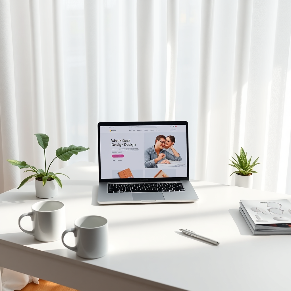 A breathtaking 8K resolution photorealistic image. A clean, minimalist workspace bathed in soft, natural light filtering through a sheer white curtain. A sleek, modern laptop sits open on a light gray desk, displaying a vibrant website design interface. Subtle green plants add a touch of life. The overall composition is airy and inviting, symbolizing ease of use and creative potential. Camera angle is slightly above eye-level, capturing the entire scene with crisp detail and hyperrealism. The background is blurred to focus attention on the laptop screen. The style is inspired by Scandinavian design with clean lines and muted tones. Props: A minimalist coffee mug, a stylish pen, and a small stack of design magazines. The image should evoke feelings of innovation, simplicity, and professional quality. The color palette focuses on white, gray, and subtle greens. Lighting should be soft and diffused, creating a calm and productive atmosphere.