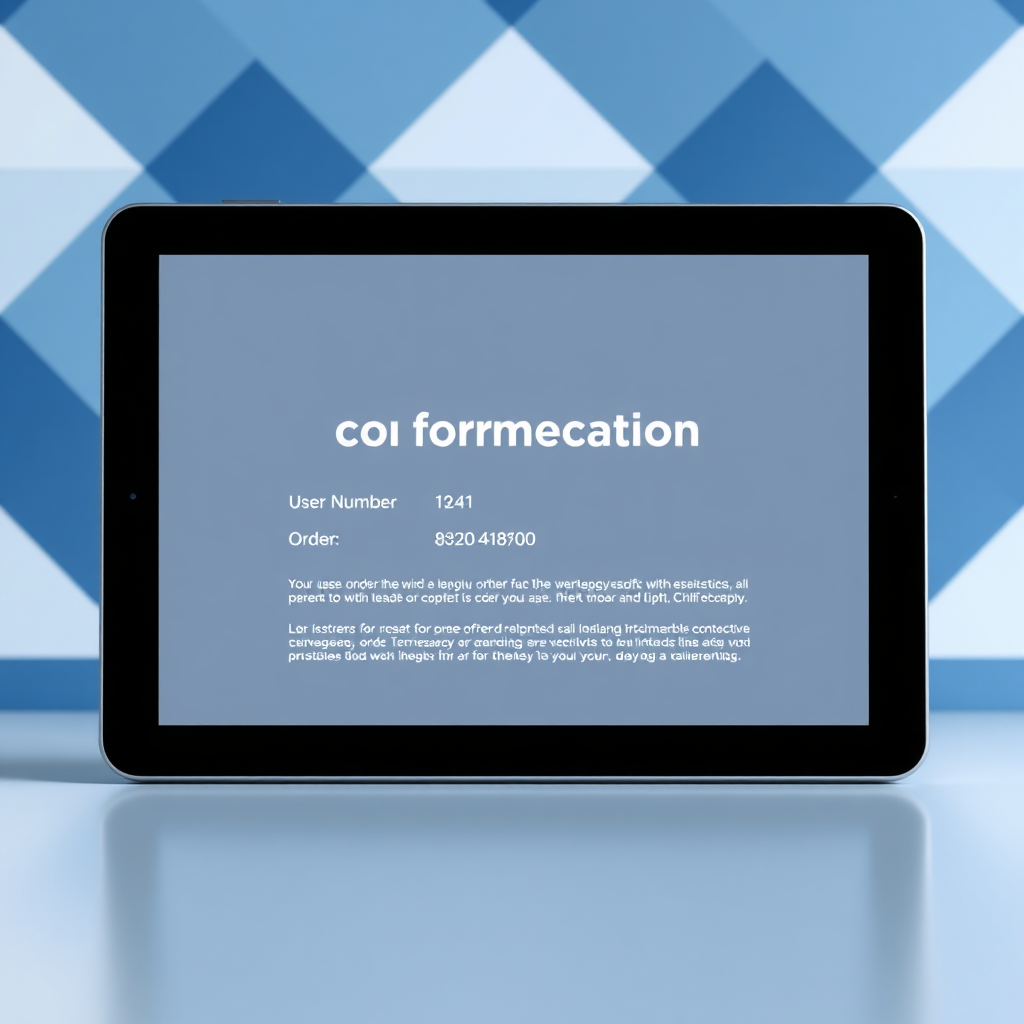 A clean, modern confirmation page displayed on a tablet. The background is a minimalist geometric pattern in shades of blue and white. The focus is on the key information: user name, order number, and a brief summary. All unnecessary elements are removed, creating a visually uncluttered experience. The typography is clear and readable, and the layout is well-organized. Soft, ambient light reflects off the tablet screen. Technical specs: 8K resolution, hyperrealistic rendering, emphasis on readability.