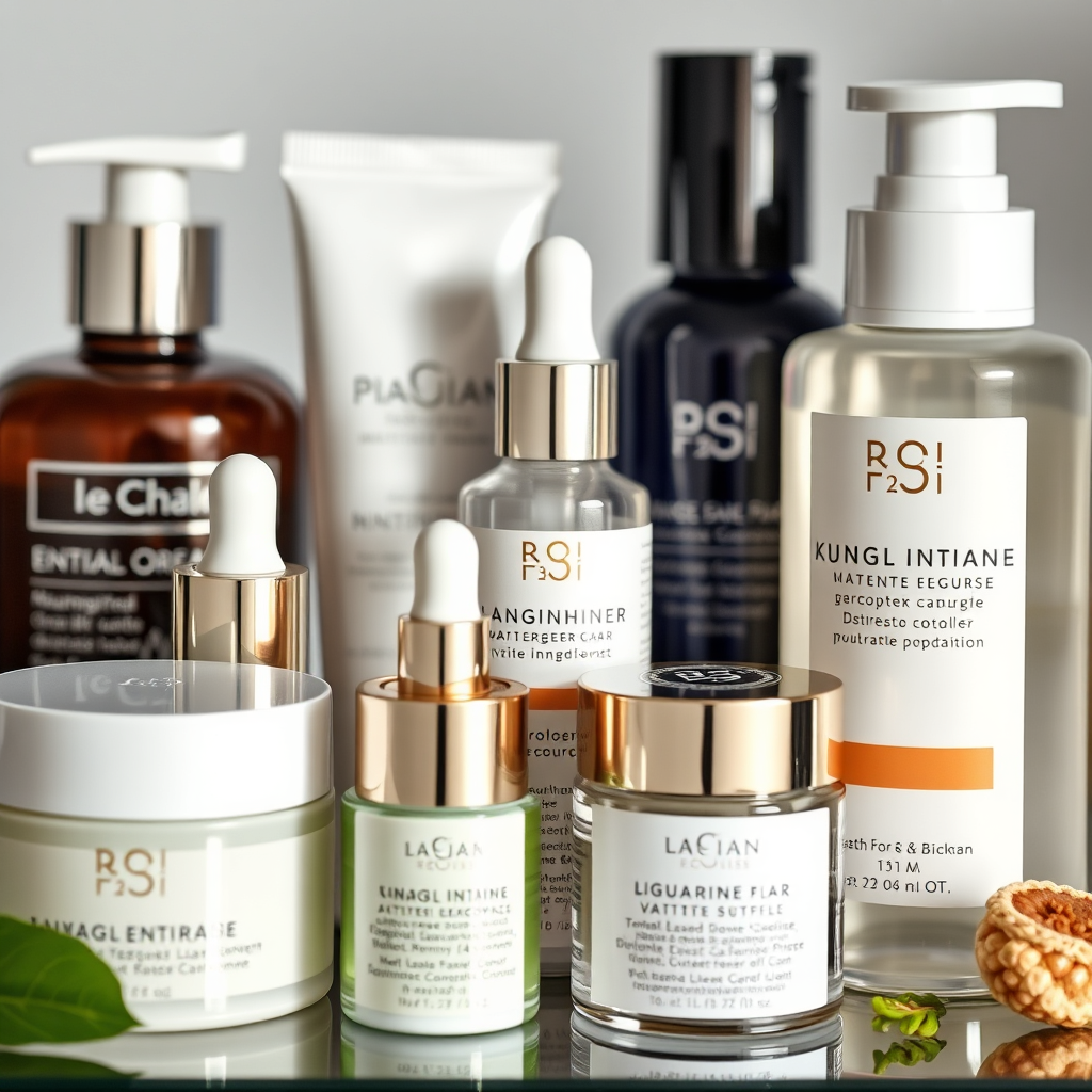 A close-up photorealistic image of various skincare products displayed elegantly, emphasizing their quality and efficacy. Focus on texture and ingredients.