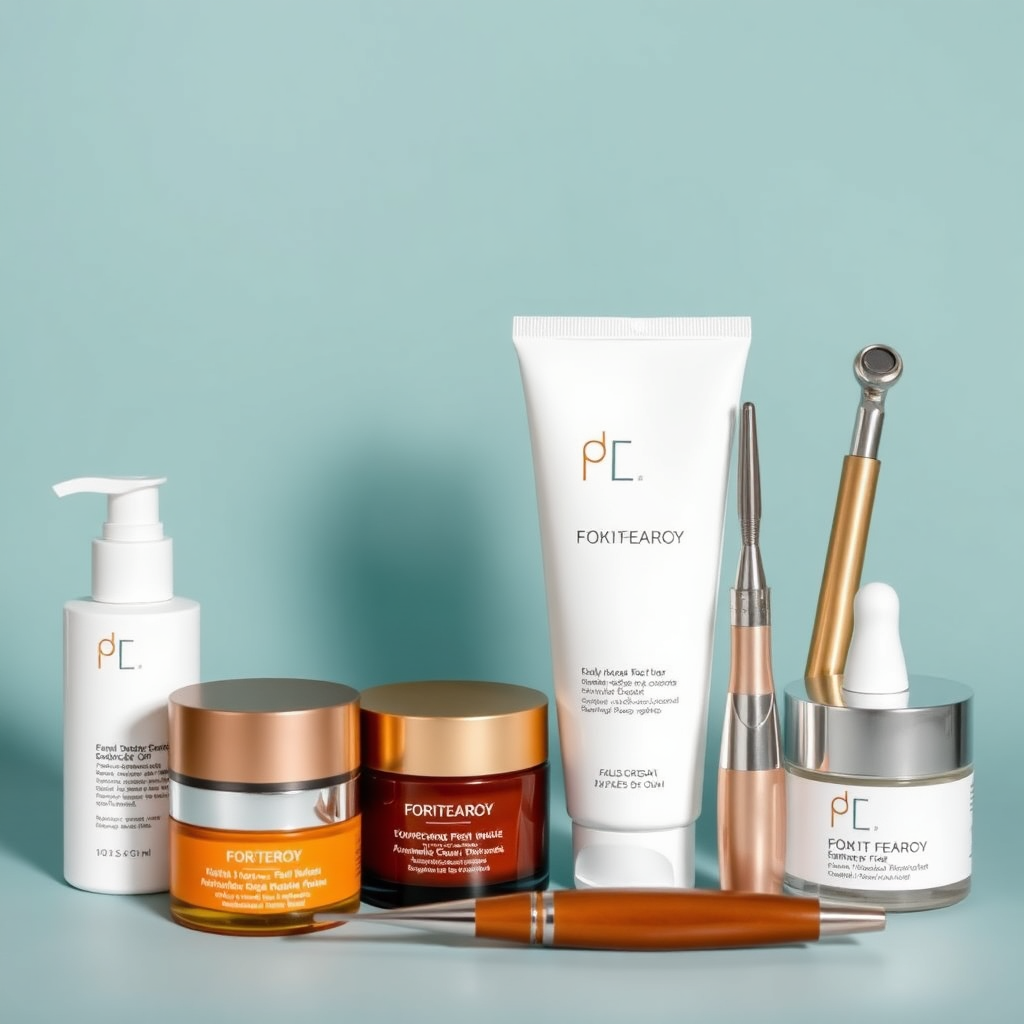 A comprehensive array of skincare products and advanced aesthetic tools displayed aesthetically, representing the clinic's diverse service offerings. Modern, minimalist style.
