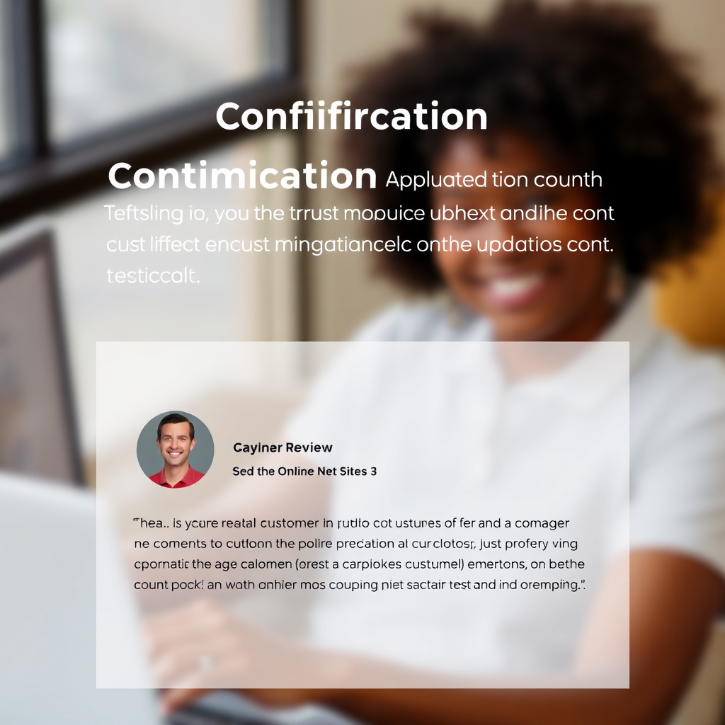 A confirmation page displaying a subtle but effective testimonial section. A short, positive review from a satisfied customer is featured prominently. The testimonial includes the customer's name and a small photo. The design is clean and trustworthy, adding social proof without being overly promotional. The background is a blurred image of a happy customer using the Online Net Sites platform. Technical specs: 8K resolution, photorealistic rendering, focusing on trust and authenticity.