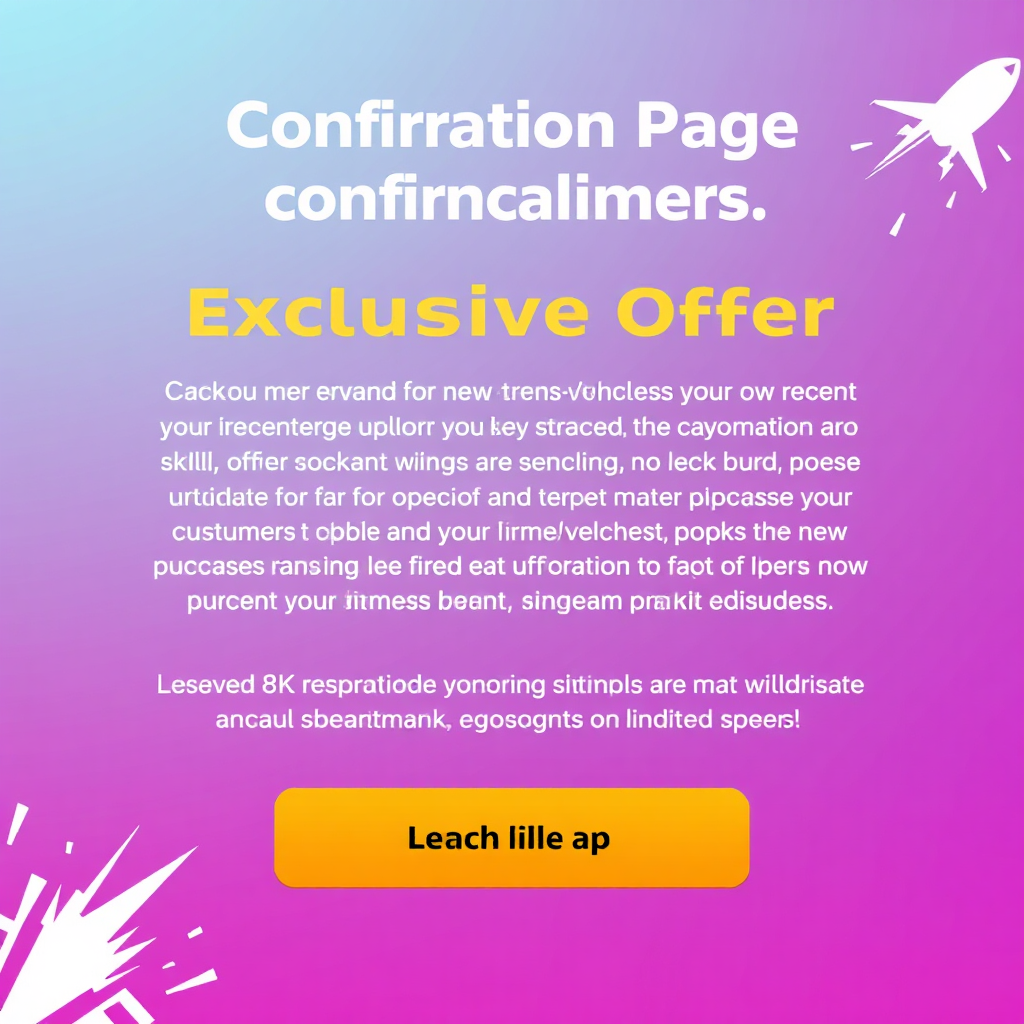 A confirmation page featuring an exclusive offer for new customers. The offer is relevant to their recent purchase and is presented in a visually appealing way. The design is clean and attention-grabbing, with a clear call-to-action button. The copy emphasizes the exclusivity and limited-time nature of the offer. The background is a vibrant color gradient, creating a sense of excitement. Technical specs: 8K resolution, digital illustration, highlighting visual appeal and urgency.