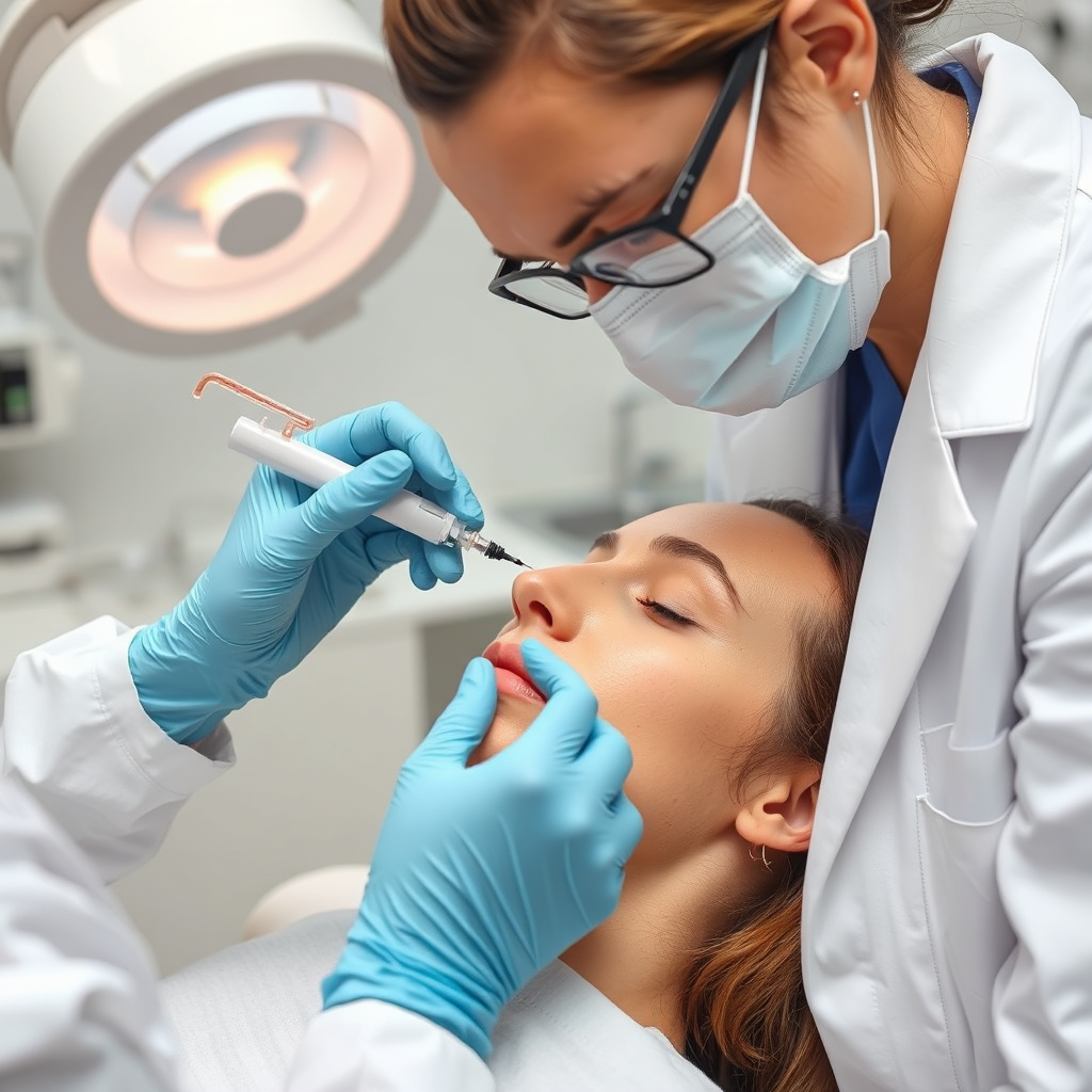 A dermatologist carefully administering a cosmetic injection in a clean, professional environment. Emphasis on precision and safety.