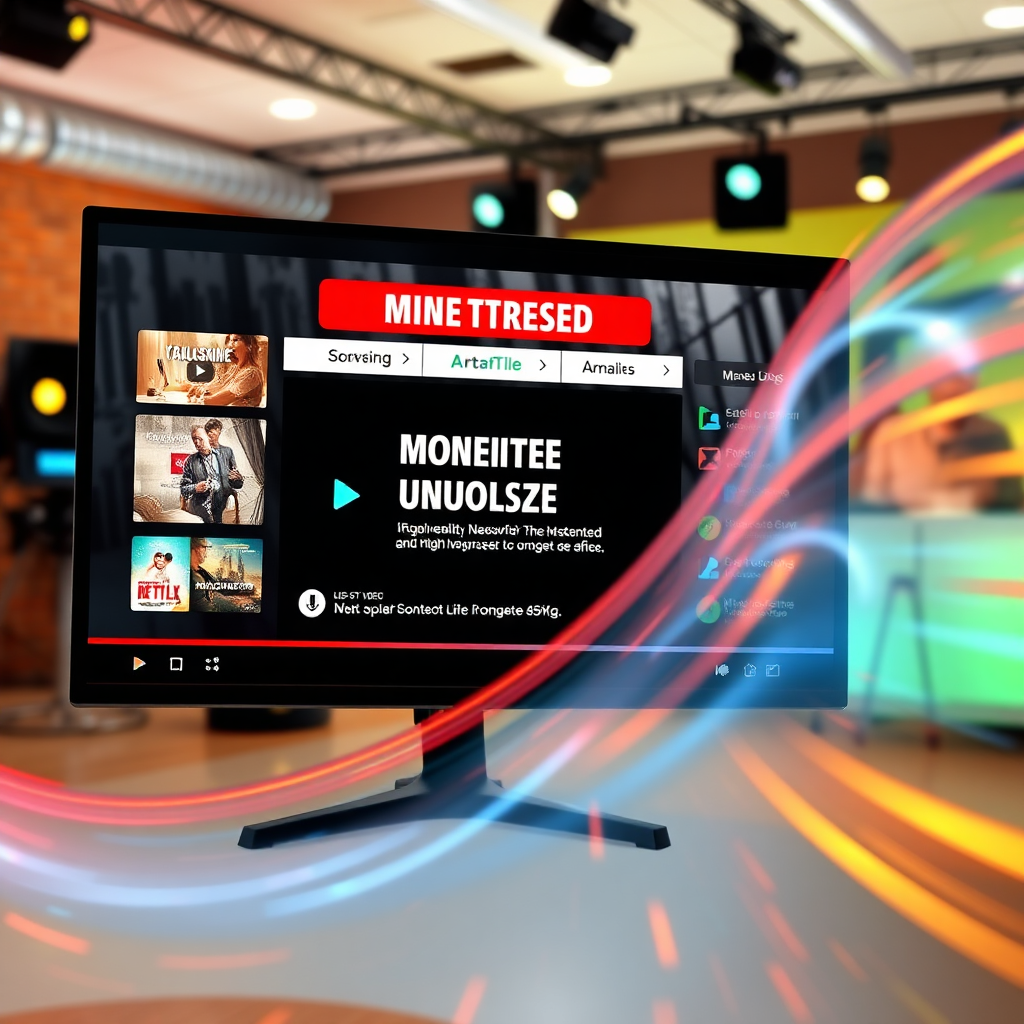 A dynamic image of a video screen displaying various monetization methods, such as ads, sponsorships, and affiliate links. The video features engaging and high-quality content. The background features a creative studio setting, symbolizing innovation and creativity. The colors are vibrant and energetic, representing excitement and opportunity. Style reference: Video marketing and online monetization. Technical specs: 4K resolution, high-quality rendering with dynamic lighting and motion effects.