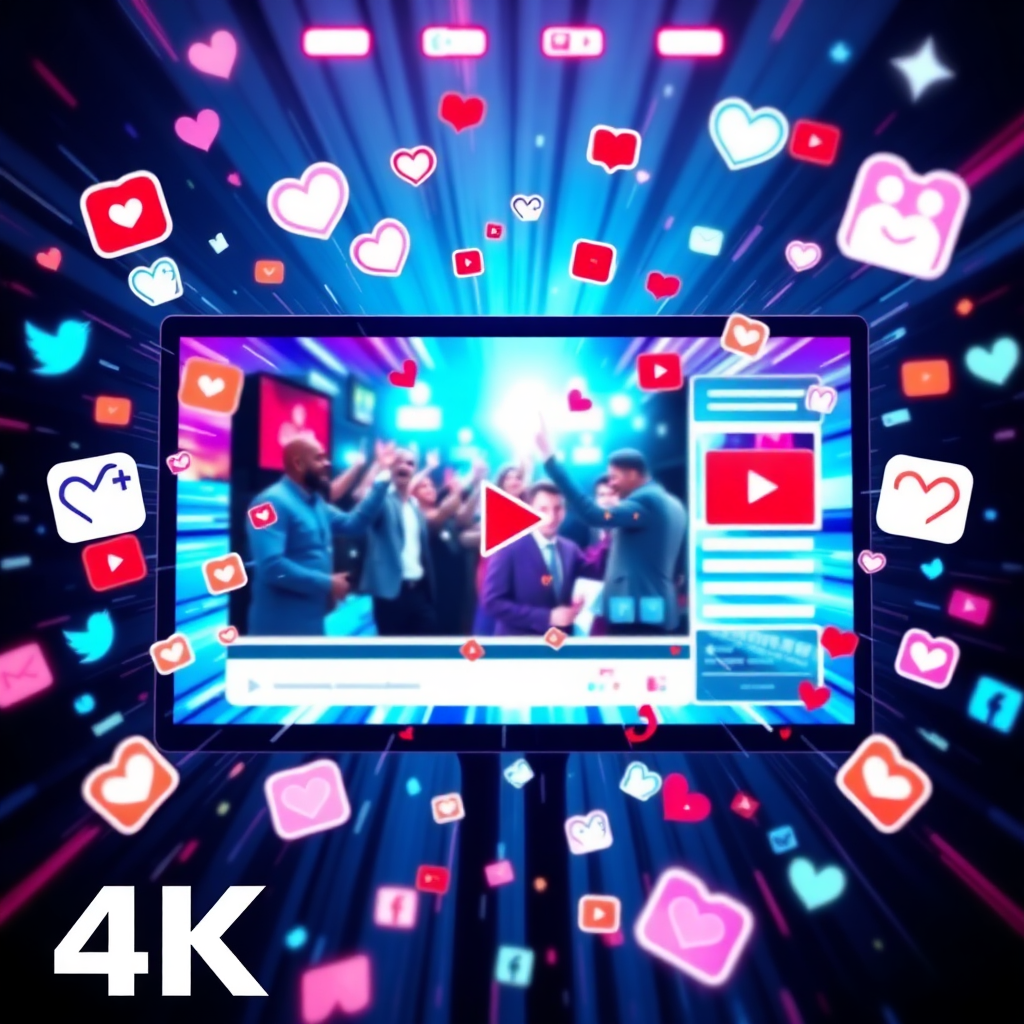 A dynamic image of a video screen bursting with activity. The video features exciting and engaging content, capturing the viewer's attention. The screen is surrounded by icons representing shares, likes, and comments, symbolizing virality. The colors are bold and vibrant, creating a sense of excitement. Style reference: Modern video marketing and viral content. Technical specs: 4K resolution, high-quality rendering with dynamic lighting and motion effects.