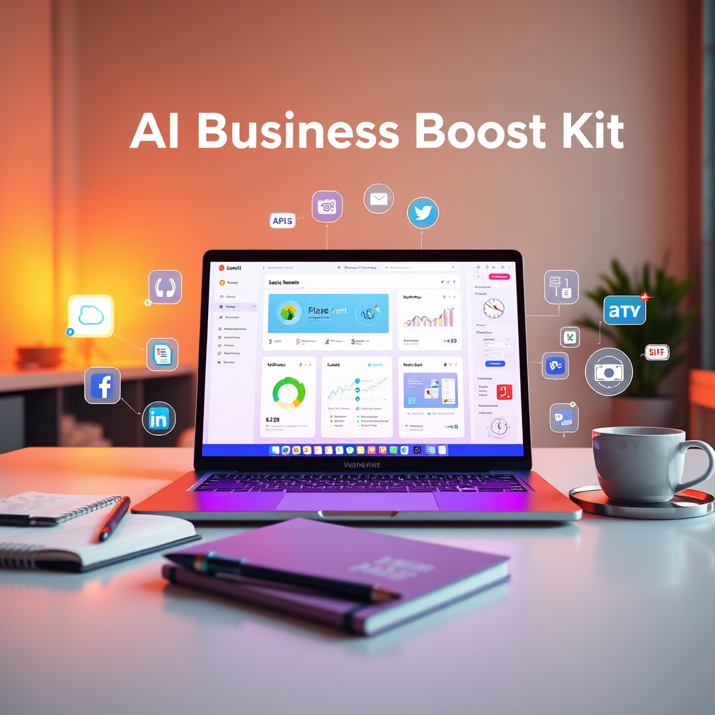 A photorealistic hero image showcasing the AI Business Boost Kit. The composition centers around a sleek laptop displaying various AI tools and dashboards, surrounded by icons representing social media platforms, website design, and video editing. The laptop screen should be bright and inviting, with clear visual cues that highlight ease of use and instant results. Warm, inviting lighting emanates from the screen, casting a soft glow on the surrounding elements. Color palette incorporates vibrant blues, greens, and purples to signify innovation and progress. A wide-angle, slightly low camera angle creates a sense of dynamism. Focus should be razor-sharp on the laptop screen and gradually blur towards the edges. The environment features a modern, minimalist workspace. Props include a stylish notebook, a pen, and a cup of coffee, subtly indicating productivity. Style reference: Apple product photography. Technical specs: 8K resolution, hyperrealistic rendering with intricate details, ambient occlusion, and ray tracing for realistic lighting and shadows.