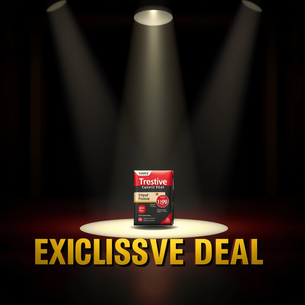 A photorealistic image depicting a spotlight shining on a single product, representing the exclusive deal. The background is dark and blurred, emphasizing the importance of the spotlighted item. Colors: gold, red, and black.