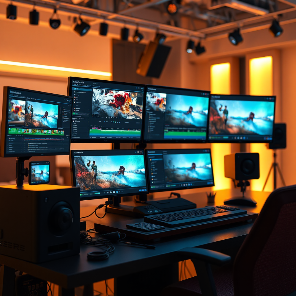  A photorealistic image depicting a professional video editing workstation with multiple monitors displaying various video editing tools and timelines. AI-powered features are highlighted, such as automated editing suggestions and text-to-speech capabilities. The background features a well-lit studio environment, symbolizing creativity and innovation. Warm, inviting lighting enhances the sense of productivity and professionalism. Color palette incorporates vibrant colors to reflect the creative nature of video production. A slightly low camera angle adds a sense of grandeur and sophistication. Style reference: Professional video editing tutorials. Technical specs: 4K resolution, hyperrealistic rendering with detailed textures and vibrant colors.