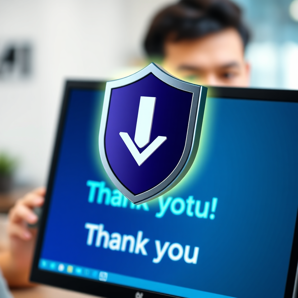  A photorealistic image depicting a secure download icon hovering over a computer screen displaying a thank you message. The icon is surrounded by a glowing aura, emphasizing the ease and security of the download process. Background: a blurred image of a happy customer. Colors: primarily blue and green to convey security and trust.