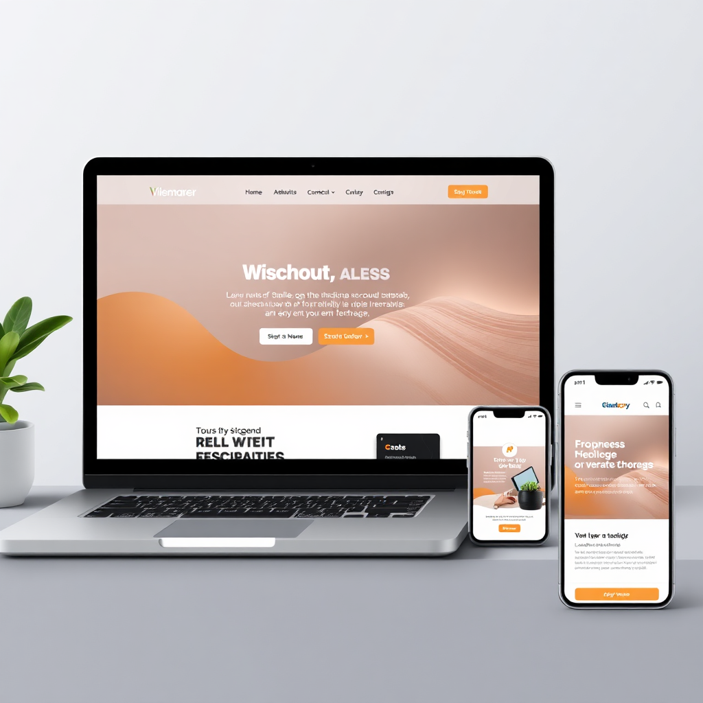 A photorealistic image of a beautifully designed landing page displayed on various devices (laptop, tablet, smartphone). The style is modern and minimalist.