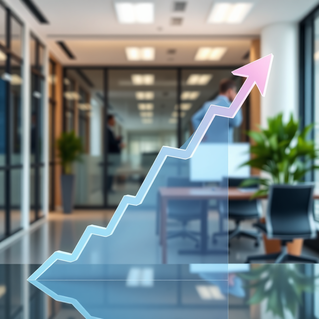 A photorealistic image of a graph trending upwards, symbolizing business growth. The background is a clean and modern office environment.