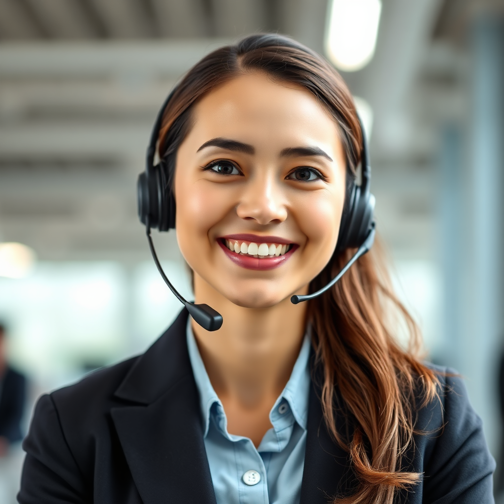 A photorealistic image of a headset-wearing support agent smiling warmly, symbolizing customer service. The background is a clean and professional office environment.