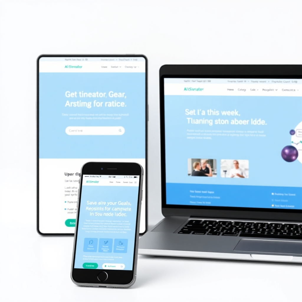 A photorealistic image of a landing page displayed on a smartphone, tablet, and laptop, showcasing its responsive design. The style is clean and modern.