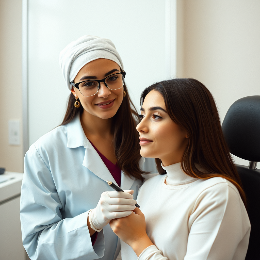 Photorealistic image showing a dermatologist providing individualized consultation to a patient, emphasizing empathy and attentive listening. Soft, natural lighting.