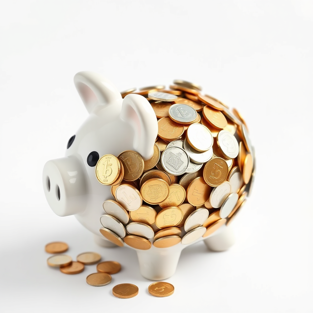 A photorealistic image of a piggy bank overflowing with coins, symbolizing value and savings. The background is a clean white surface.