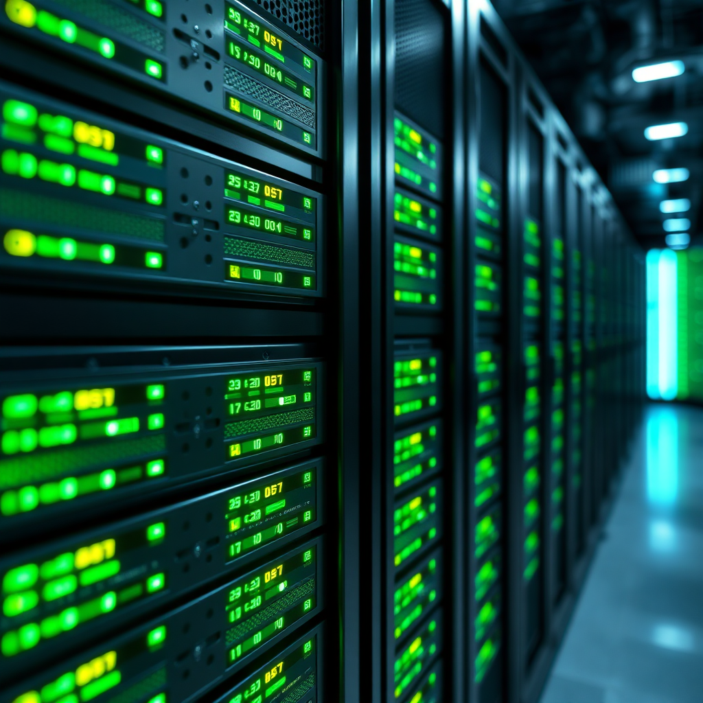 A photorealistic image of a server rack with glowing green lights, symbolizing secure and reliable hosting. The background is a dark data center.