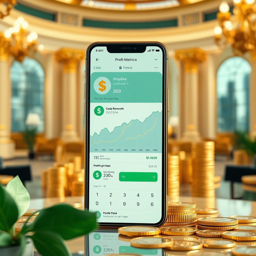 A photorealistic image of a smartphone screen displaying a social media feed with visible profit metrics. The metrics are shown in clear and concise graphs, showcasing revenue growth. The background features a luxurious setting, symbolizing wealth and success. The colors are gold and green, representing money and growth. Style reference: Financial advertising and social media marketing. Technical specs: 4K resolution, high-quality rendering with realistic textures and lighting.