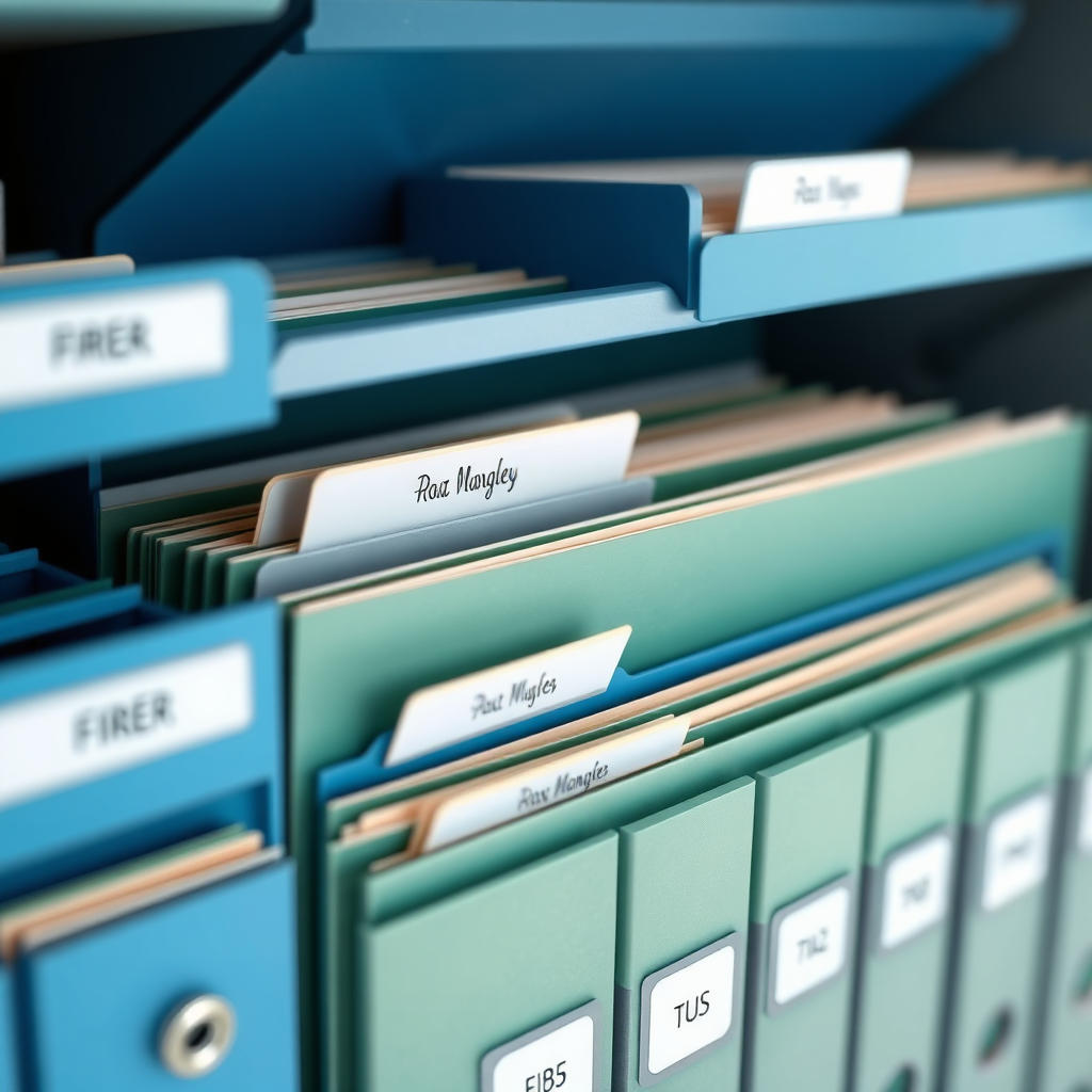  A photorealistic image of a well-organized file system, with clear labels and easy navigation. The folders are neatly arranged, and the files are easily accessible. Colors: blue, green, and grey.