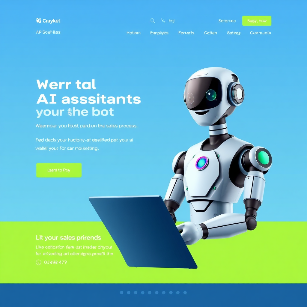 A photorealistic image of a website landing page with an AI assistant bot guiding a visitor through the sales process. The bot is represented by a friendly, approachable avatar. The website is clean and modern, with clear calls to action. The colors are professional and trustworthy, with a focus on blues and greens. Style reference: Modern web design and AI marketing. Technical specs: 4K resolution, high-quality rendering with realistic textures and lighting.