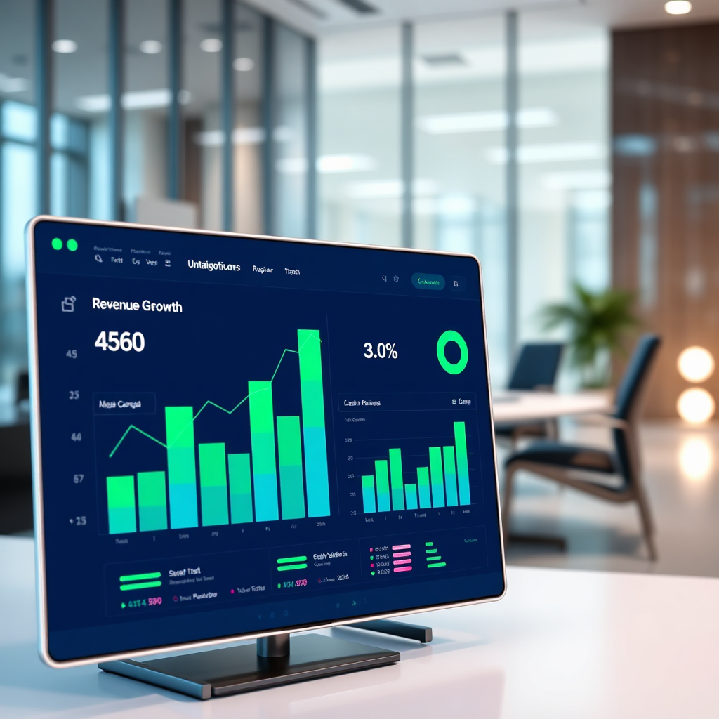 A photorealistic image of a website analytics dashboard displaying key performance indicators (KPIs) related to revenue growth. The dashboard is clean and modern, with clear visuals. The background features a corporate office setting, symbolizing professionalism and success. The colors are blue and green, representing trust and growth. Style reference: Business analytics and data visualization. Technical specs: 4K resolution, high-quality rendering with realistic textures and lighting.