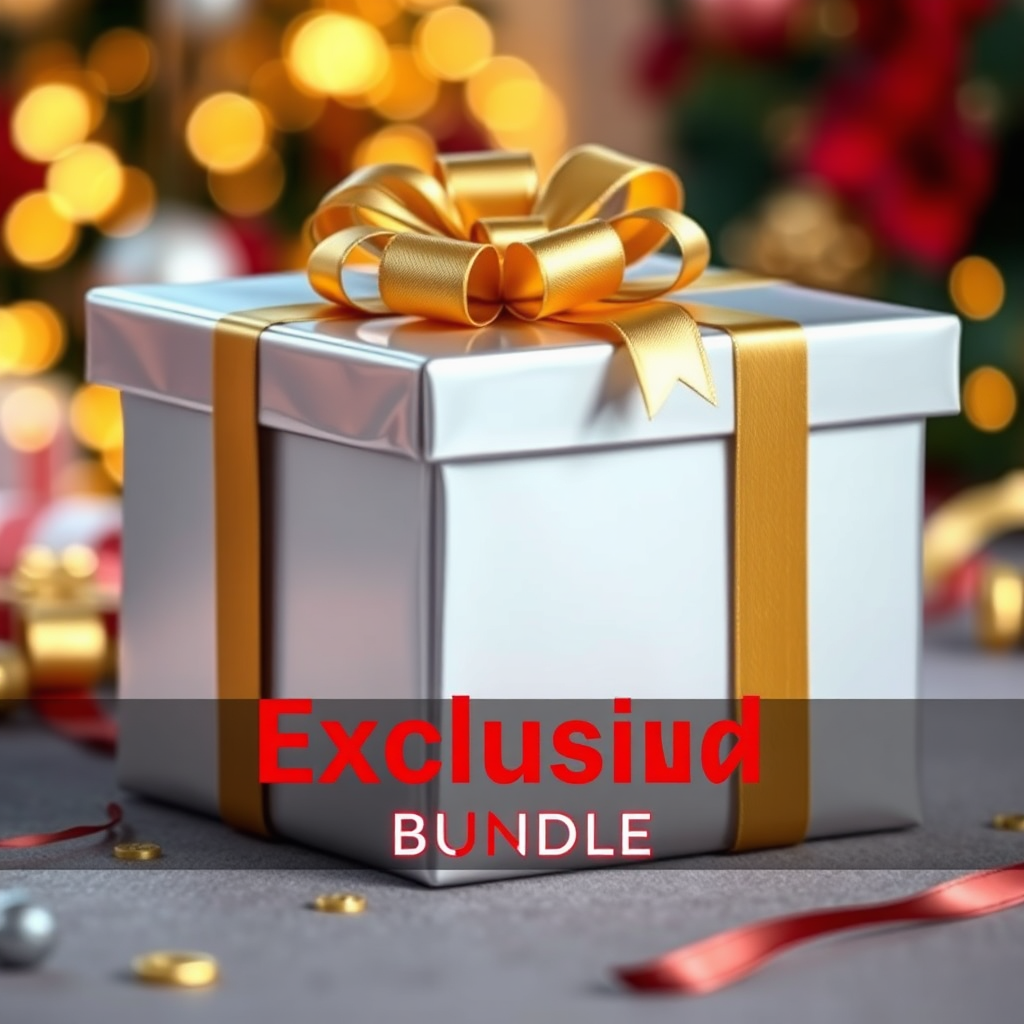 A photorealistic image showcasing a beautifully wrapped gift box, symbolizing the exclusive bundle. The box is tied with a golden ribbon, and the background is festive and inviting. Colors: gold, silver, and red.