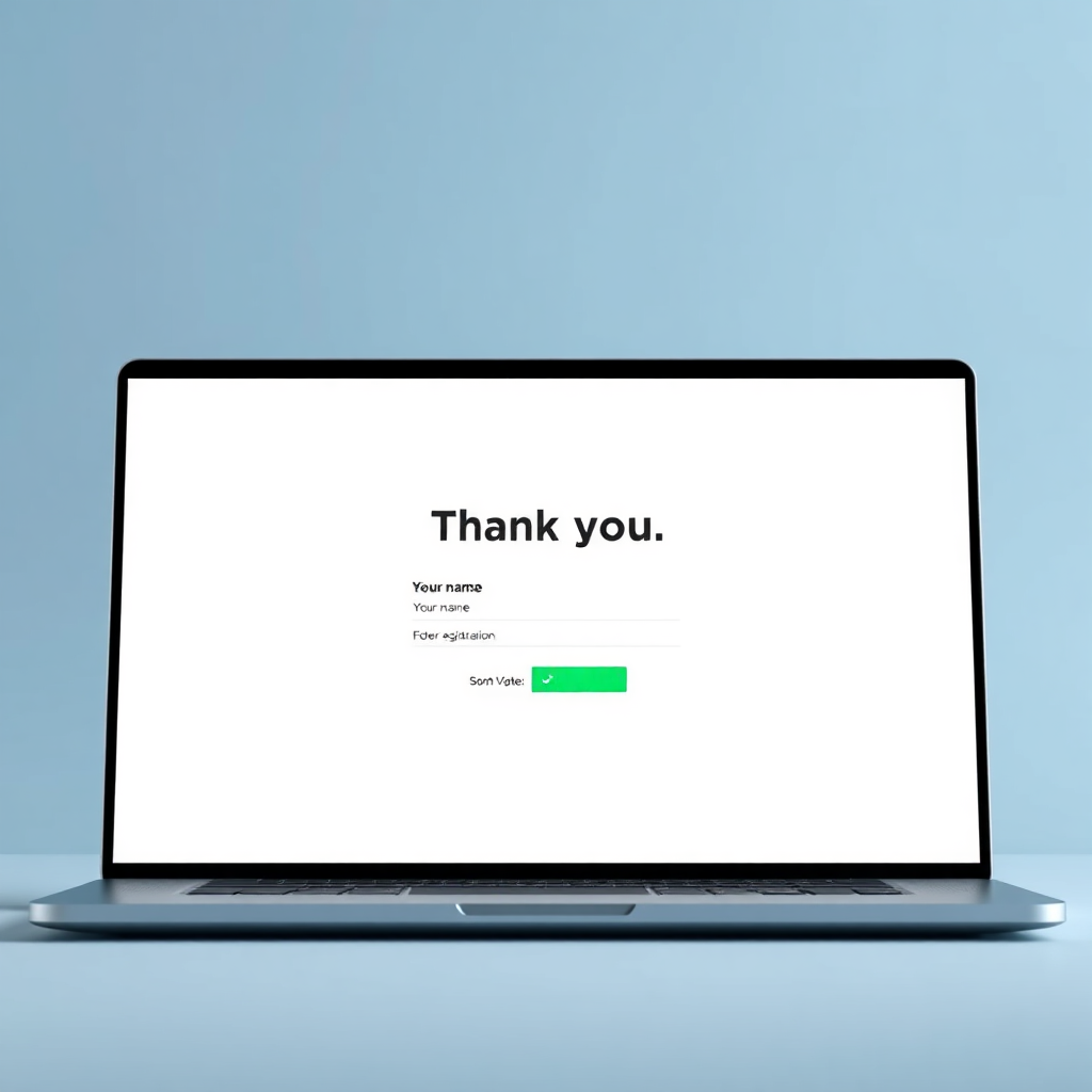 A photorealistic rendering of a minimalist confirmation page on a laptop screen. The background is a soft gradient of light blue. The page displays a clear 'Thank You' message, followed by the user's name and a summary of their order/registration. Visual cues such as a green checkmark reinforce the successful confirmation. The overall design is clean, modern, and visually appealing, devoid of any unnecessary elements. The lighting is soft and diffused, creating a sense of trust and reassurance. Technical specs: 8K resolution, hyperrealistic, focus on screen clarity.