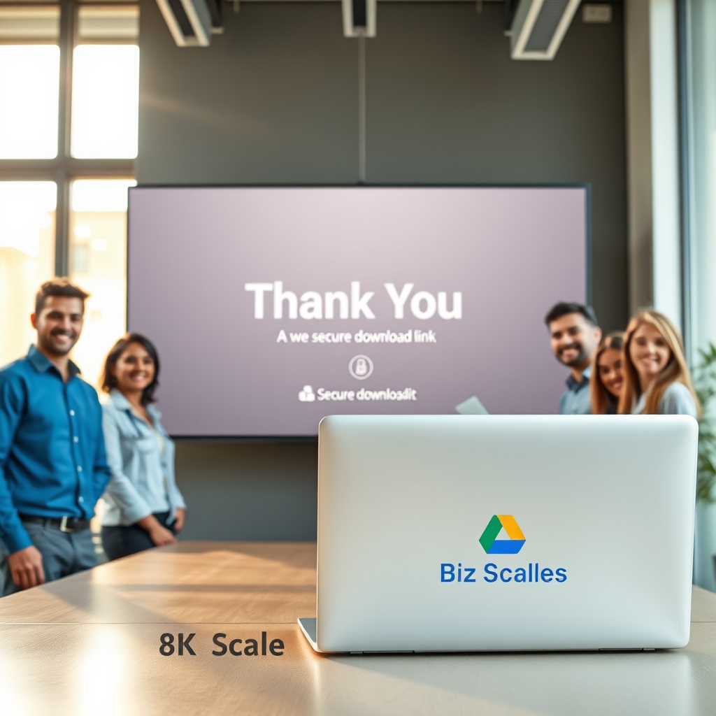 A photorealistic, ultra-high quality hero image for Biz Scale Site. The scene depicts a brightly lit, modern office space with a large screen displaying a 'Thank You' message. A diverse group of professionals is shown smiling and collaborating around the screen. A subtle Google Drive logo is visible in the background, along with a stylized representation of a secure download link. Golden light streams in from a window, highlighting the feeling of achievement. In the foreground, place a sleek laptop with the Biz Scale Site logo. The overall color palette is vibrant and optimistic, with blues and greens dominating. Camera angle: slightly low, looking up at the screen to emphasize its importance. Texture details: crisp and clean, focusing on the details of the technology and the expressions of the people. Style: modern, professional, and inviting. 8K resolution, hyperrealistic.