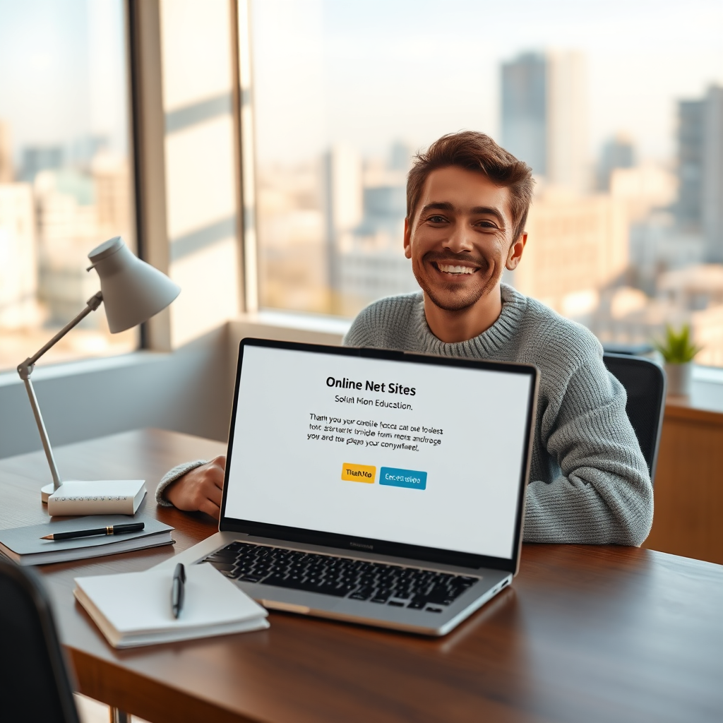 A photorealistic, ultra-high-quality header image for Online Net Sites, showcasing the concept of streamlined online education. The scene depicts a student at a modern desk, bathed in soft, natural light from a nearby window. On the desk is a laptop displaying the Online Net Sites confirmation page, featuring a thank you message and clear next steps. The student has a look of excited anticipation on their face. Surrounding the laptop are subtle educational props like a notebook, a pen, and a stylish desk lamp. The background is a blurred cityscape suggesting accessibility from anywhere. The color palette is warm and inviting, with a dominant shade of light blue and accents of yellow and green. Camera angle is slightly above the desk, providing a clear view of the confirmation page and the student's expression. Textures are detailed and realistic, from the fabric of the student's sweater to the brushed metal of the laptop. Style reference: Modern, minimalist, and inviting. Technical specs: 8K resolution, hyperrealistic rendering.