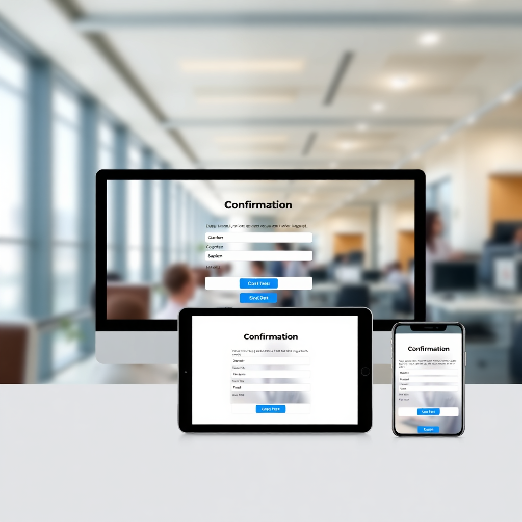 A responsive confirmation page displayed simultaneously on a desktop computer, a tablet, and a mobile phone. The design adapts seamlessly to each screen size, maintaining a consistent look and feel. The focus is on usability and clarity across all devices. The mobile version is particularly optimized for touch interactions. The background is a blurred image of a modern office environment. Technical specs: 8K resolution, digital illustration, highlighting responsiveness.