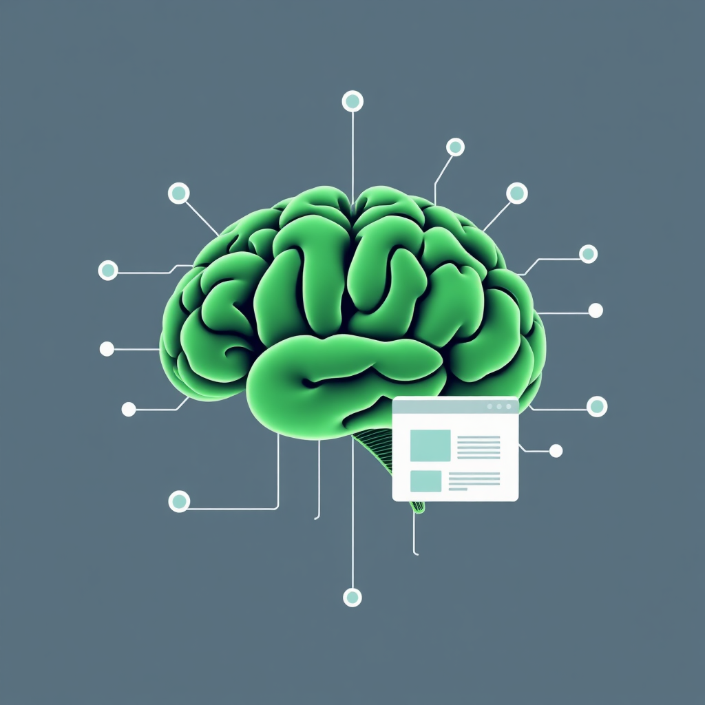 A stylized 4K image of a brain connected to a website interface, symbolizing AI-powered design. The brain is rendered in shades of green and the interface in white and gray. The style is futuristic and clean.
